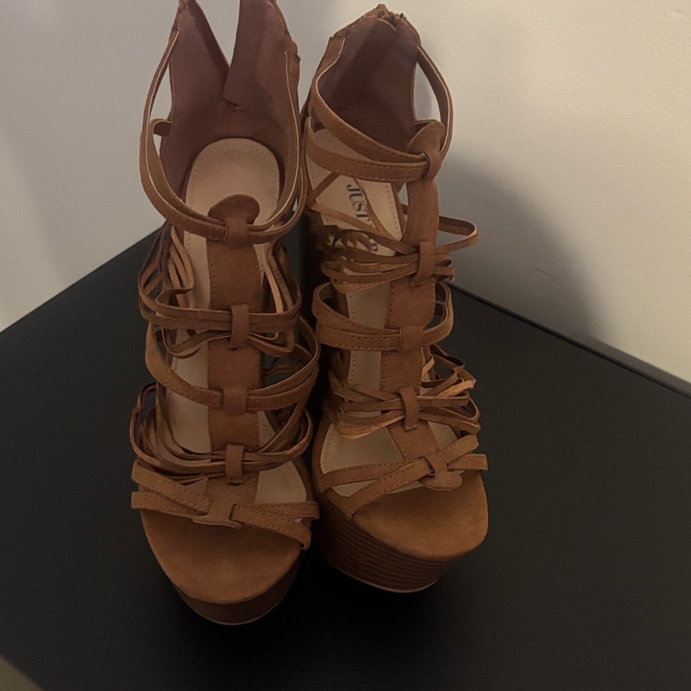JustFab Brown Strappy Wedge Sandals